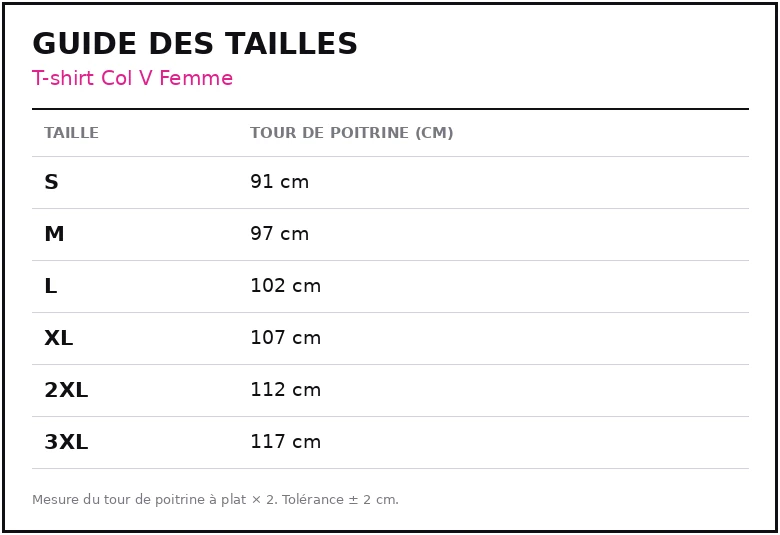 Guide des tailles T-shirt Col V Femme