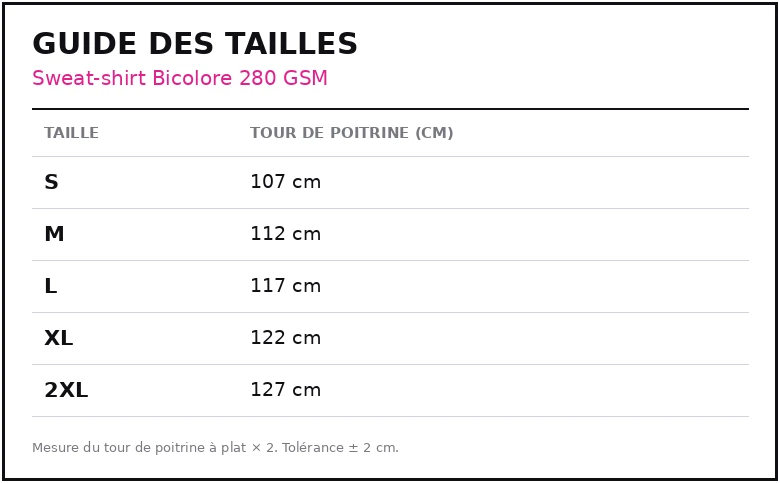 Guide des tailles Sweat-shirt Bicolore 280 GSM