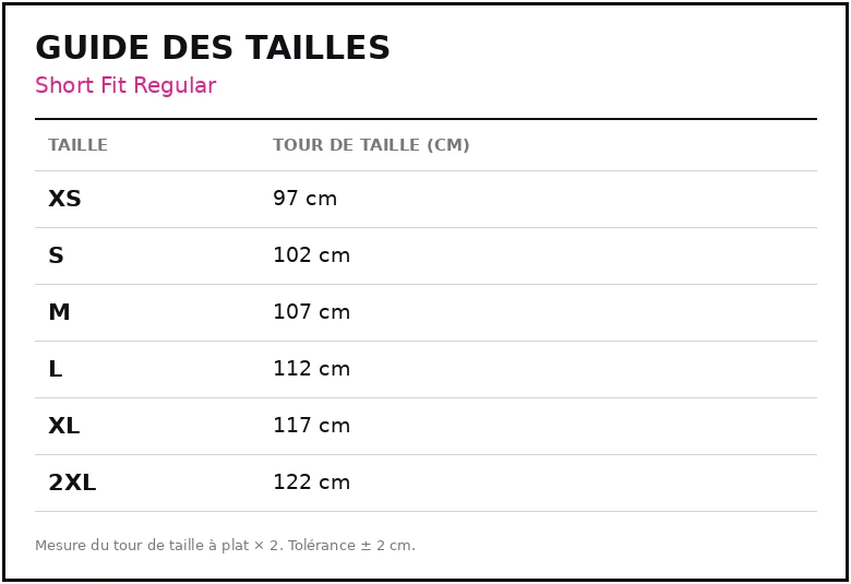 Guide des tailles Short Fit Regular