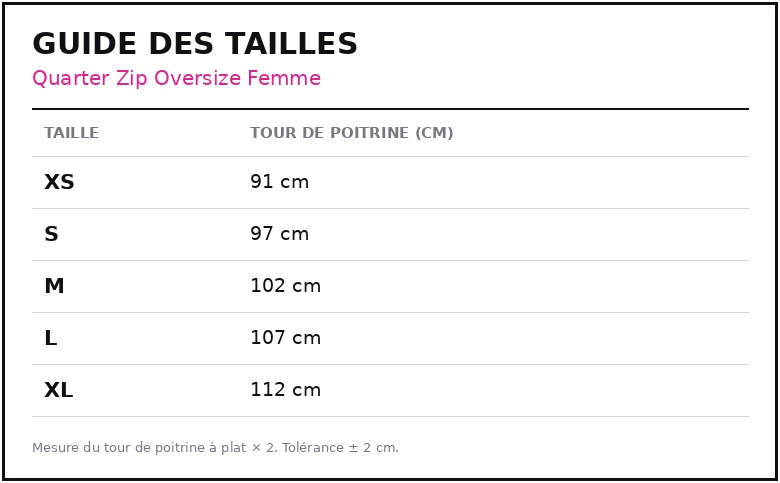 Guide des tailles Quarter Zip Oversize Femme