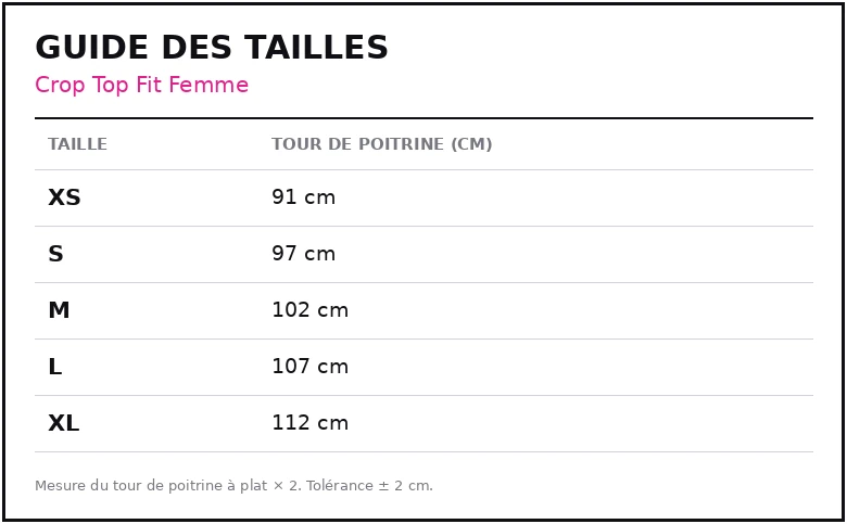 Guide des tailles Crop Top Fit Femme
