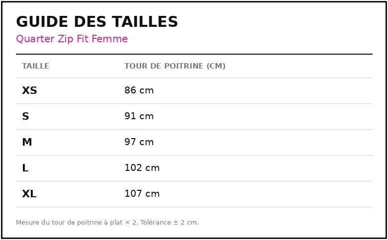 Guide des tailles Quarter Zip Fit Femme