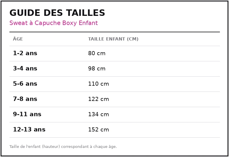 Guide des tailles Sweat à Capuche Boxy Enfant